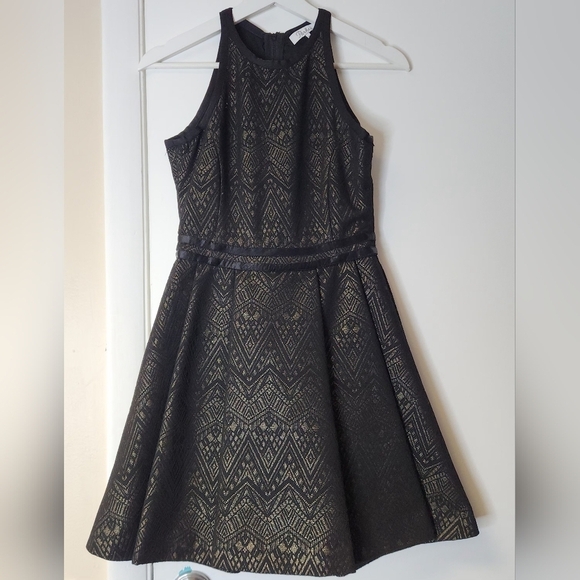 PARKER Black & Gold Geometrical Textured Print In Gold Black Flare Dress Size M - Picture 3 of 16